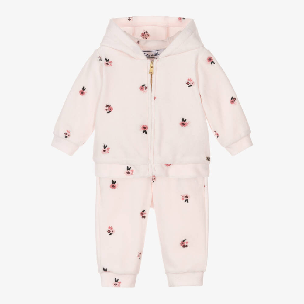 Tartine et Chocolat-Girls Pink Velour Floral Tracksuit | Childrensalon