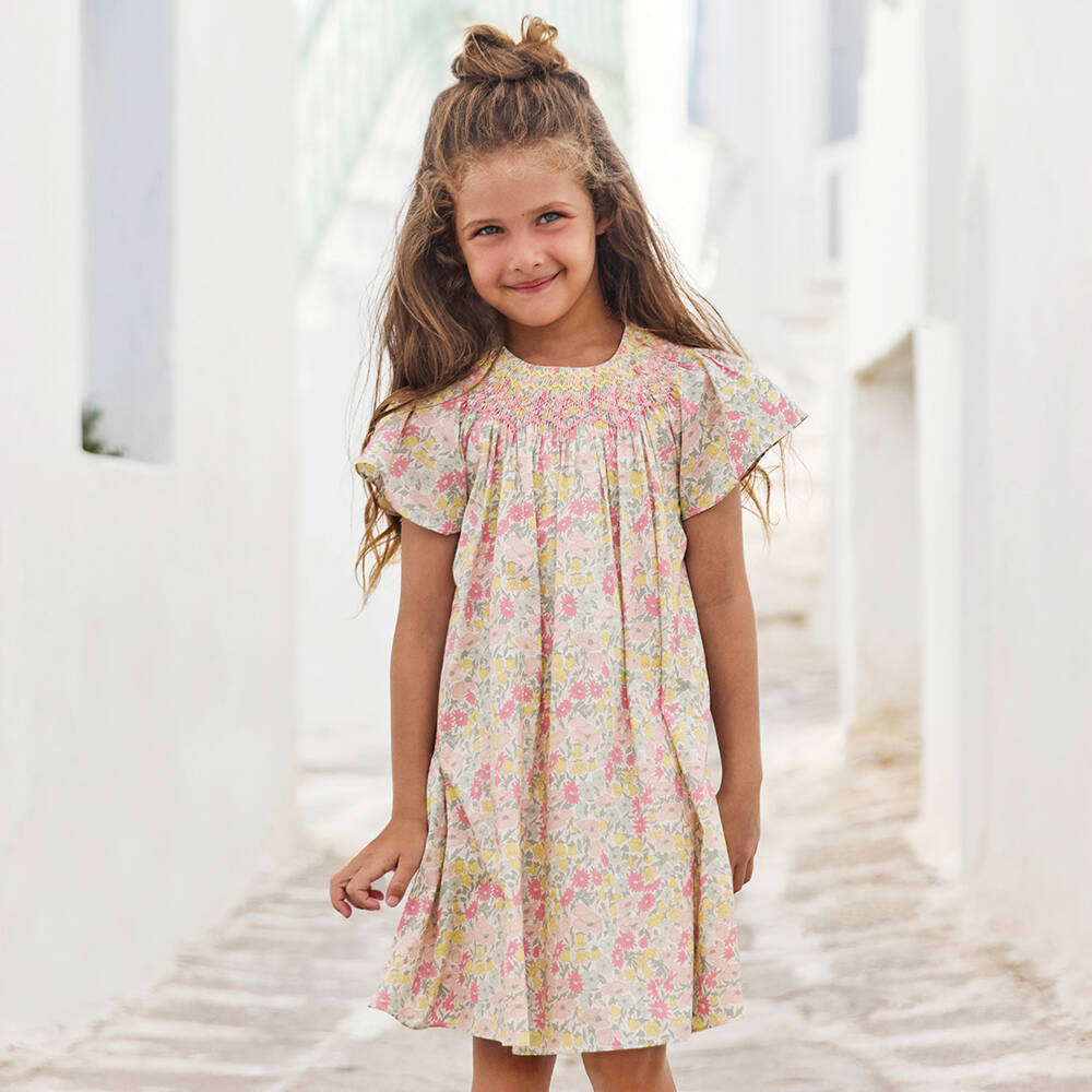 Tartine et Chocolat-Girls Pink & Yellow Hand-Smocked Floral Liberty Print Dress | Childrensalon