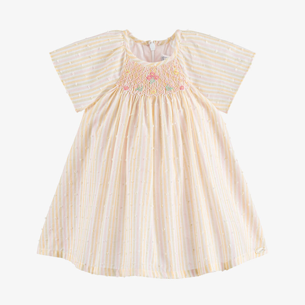 Tartine et Chocolat-Girls Pink & Yellow Striped Plumeti Cotton Dress | Childrensalon