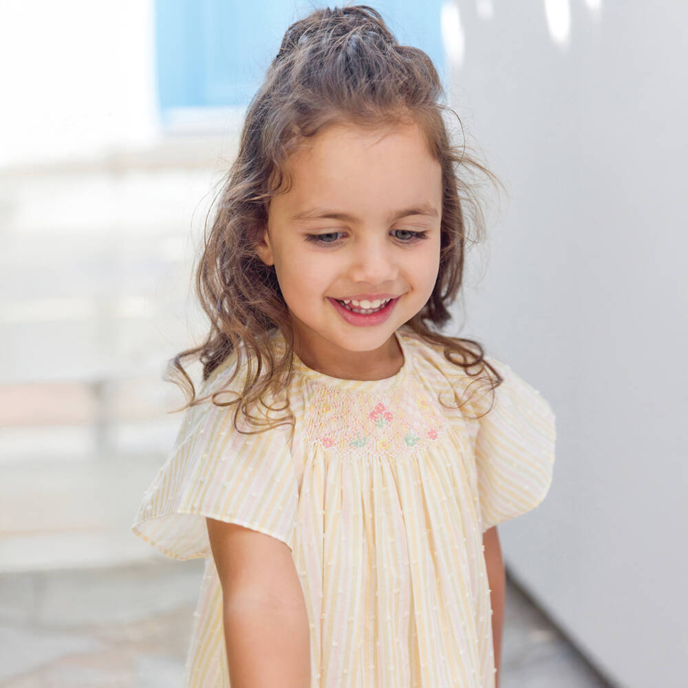 Tartine et Chocolat-Платье из хлопка плюмети в розово-желтую полоску для девочек | Childrensalon