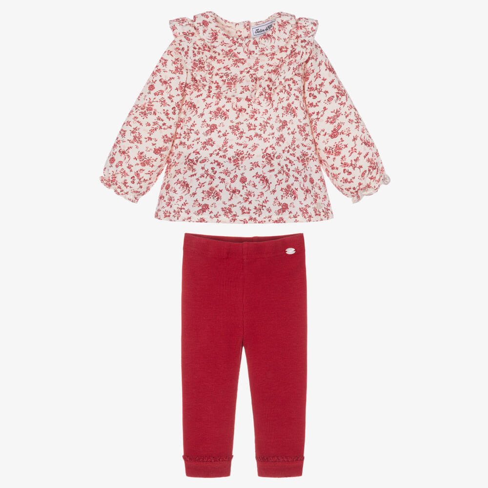 Tartine et Chocolat-Girls Red Floral Cotton Blouse & Leggings Set | Childrensalon