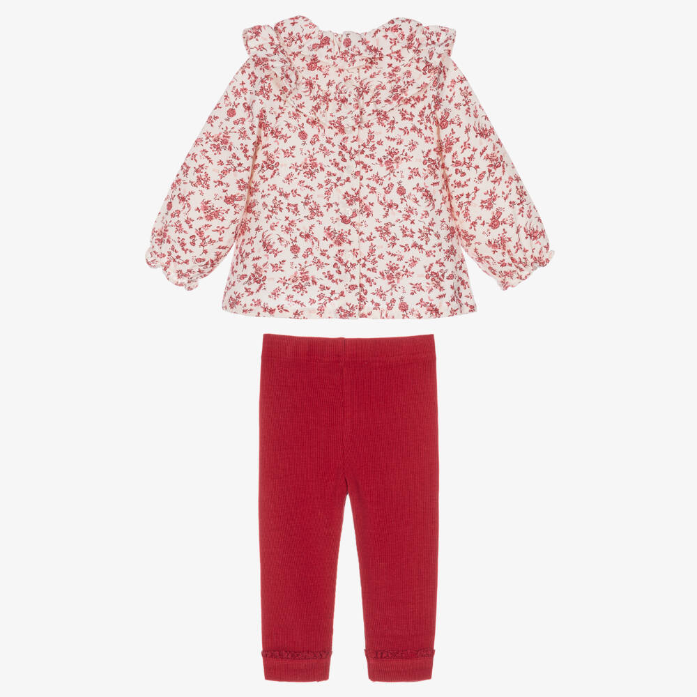 Tartine et Chocolat-Girls Red Floral Cotton Blouse & Leggings Set | Childrensalon
