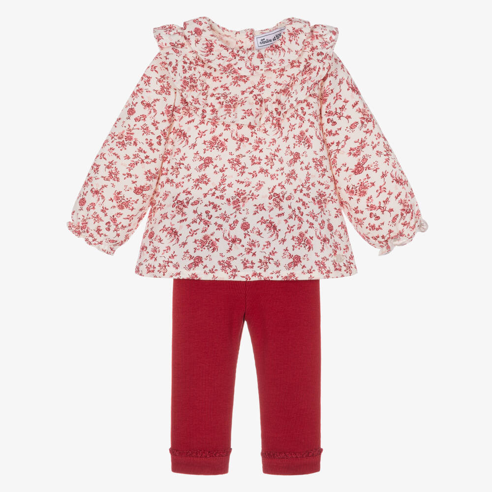 Tartine et Chocolat-Girls Red Floral Cotton Blouse & Leggings Set | Childrensalon