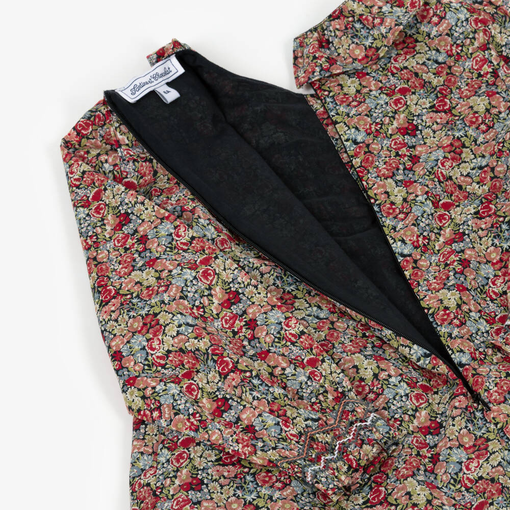 Tartine et Chocolat-فستان قطن بنقشة ورود وتطريز سموك لون أحمر | Childrensalon