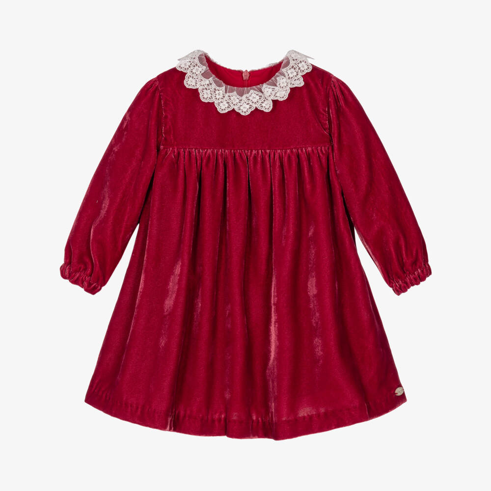 Tartine et Chocolat-Girls Red Velvet Dress with Lace Collar | Childrensalon
