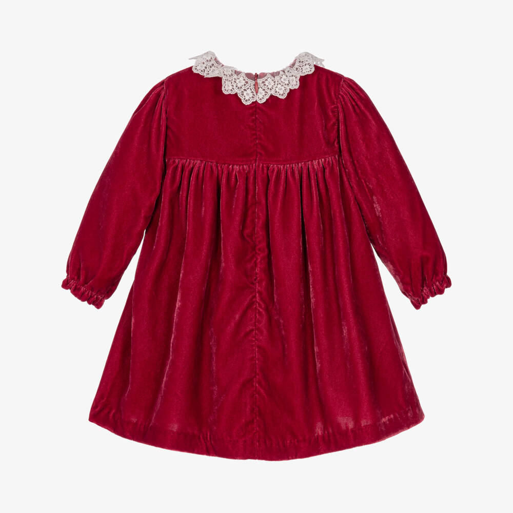 Tartine et Chocolat-Girls Red Velvet Dress with Lace Collar | Childrensalon