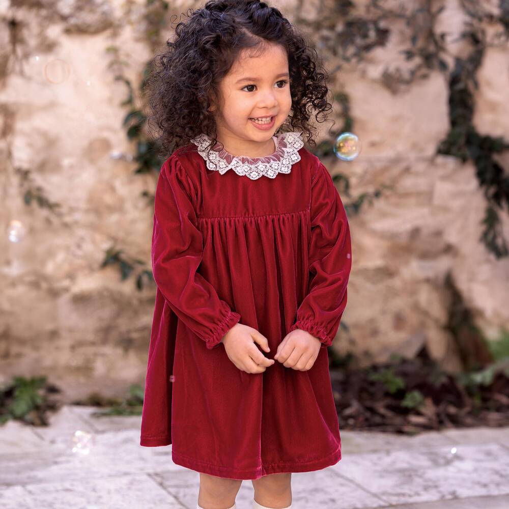 Tartine et Chocolat-Girls Red Velvet Dress with Lace Collar | Childrensalon