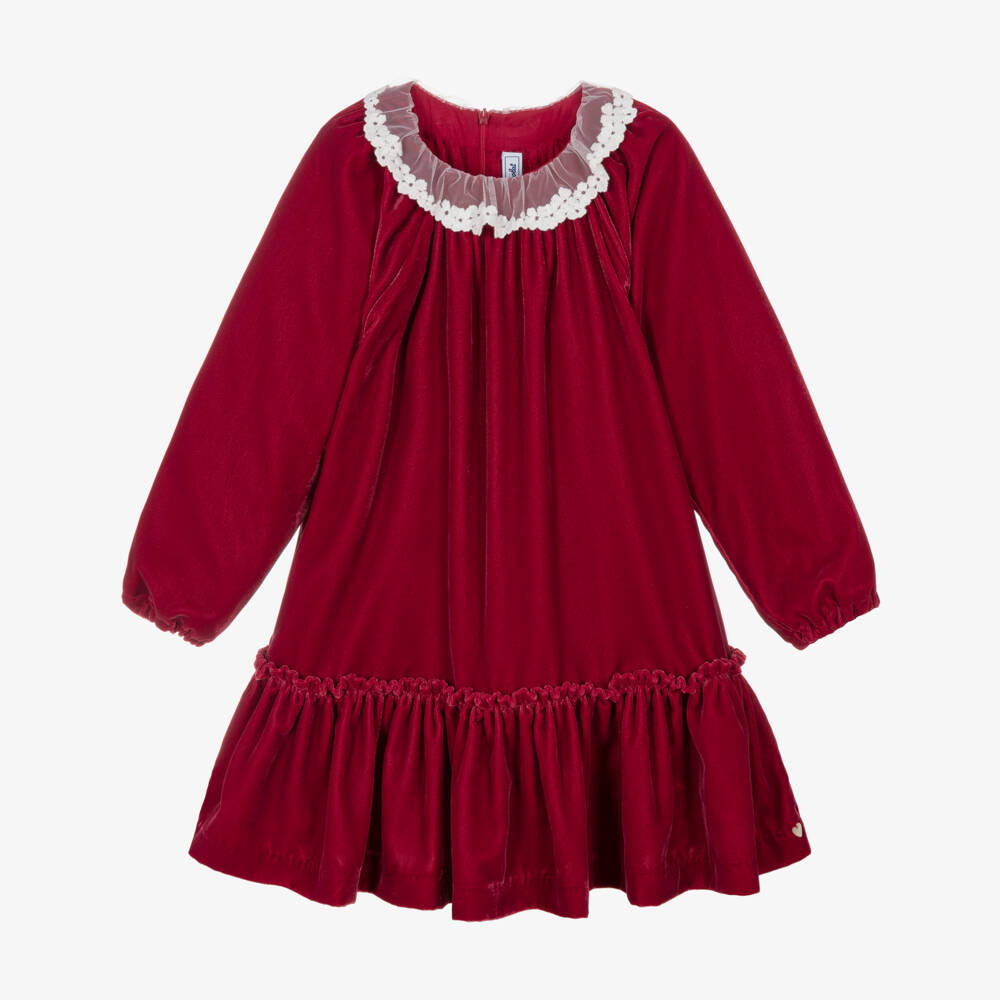 Tartine et Chocolat-Girls Red Velvet Ruffle Dress | Childrensalon
