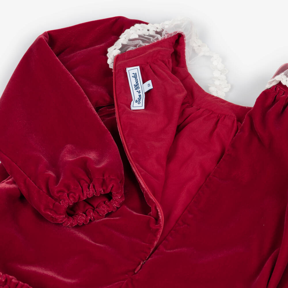 Tartine et Chocolat-Girls Red Velvet Ruffle Dress | Childrensalon