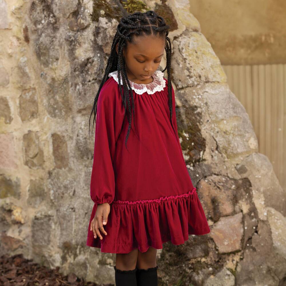 Tartine et Chocolat-Girls Red Velvet Ruffle Dress | Childrensalon