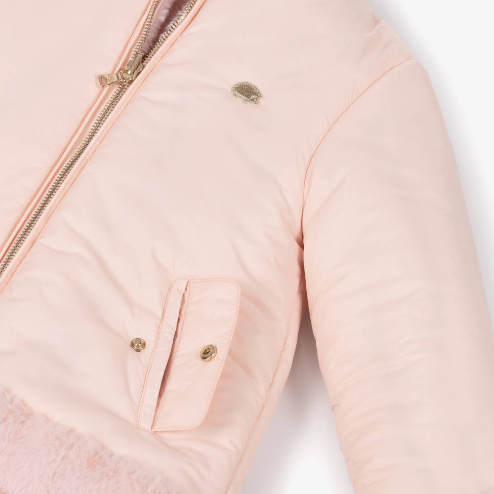 Tartine et Chocolat-Girls Reversible Pink Faux Fur Puffer Coat | Childrensalon