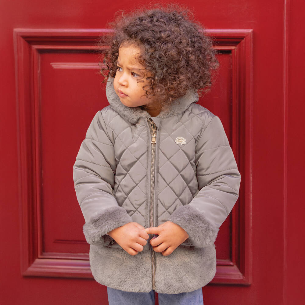 Tartine et Chocolat-Girls Reversible Taupe Brown Faux Fur Padded Coat | Childrensalon