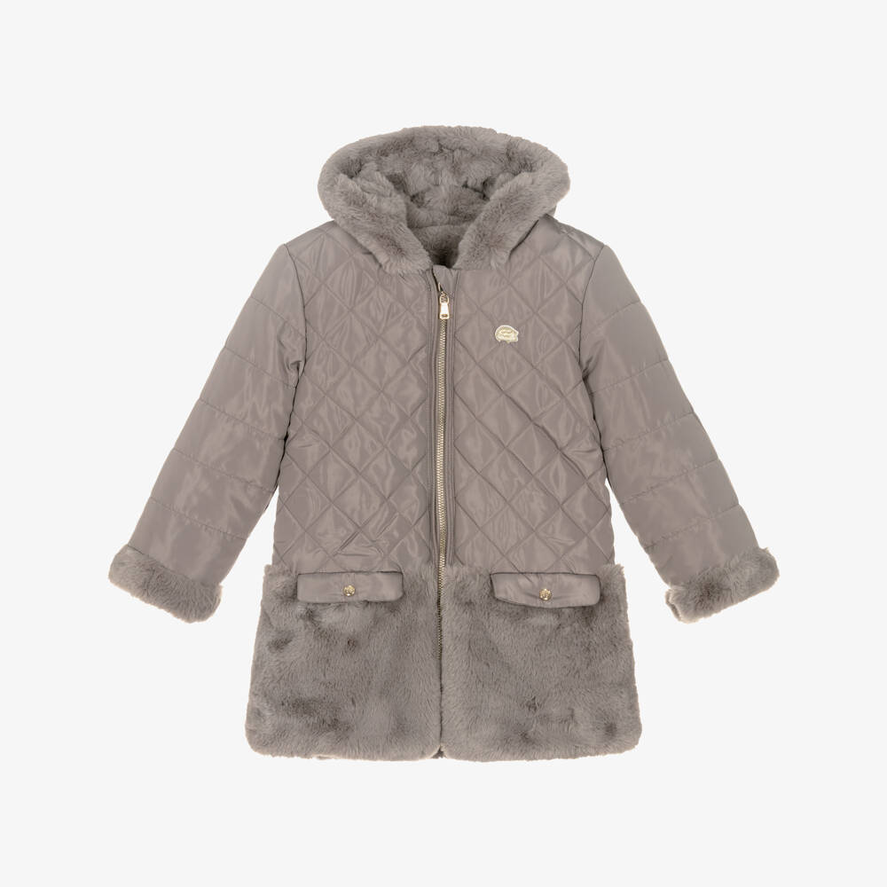 Tartine et Chocolat-Girls Reversible Taupe Brown Faux Fur Padded Coat | Childrensalon