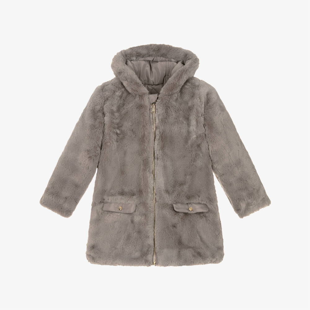 Tartine et Chocolat-Girls Reversible Taupe Brown Faux Fur Padded Coat | Childrensalon