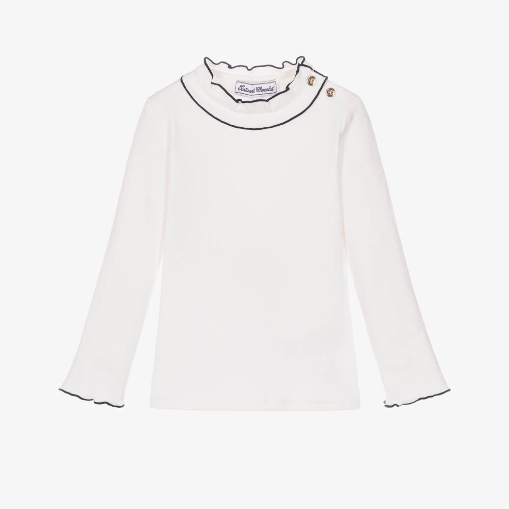 Tartine et Chocolat-Girls Ruffle Neckline Ribbed Top | Childrensalon