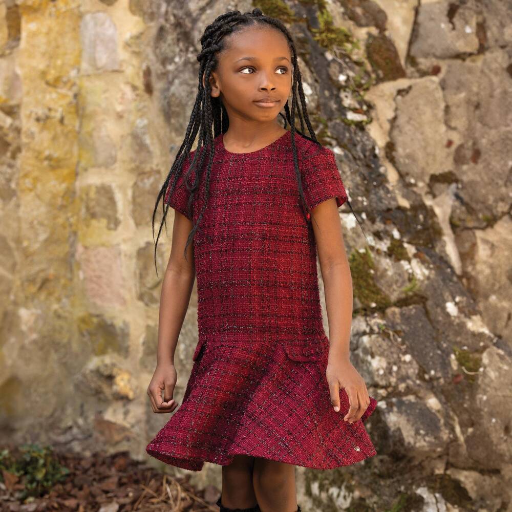 Tartine et Chocolat-Girls Shimmery Red Check Tweed Dress | Childrensalon