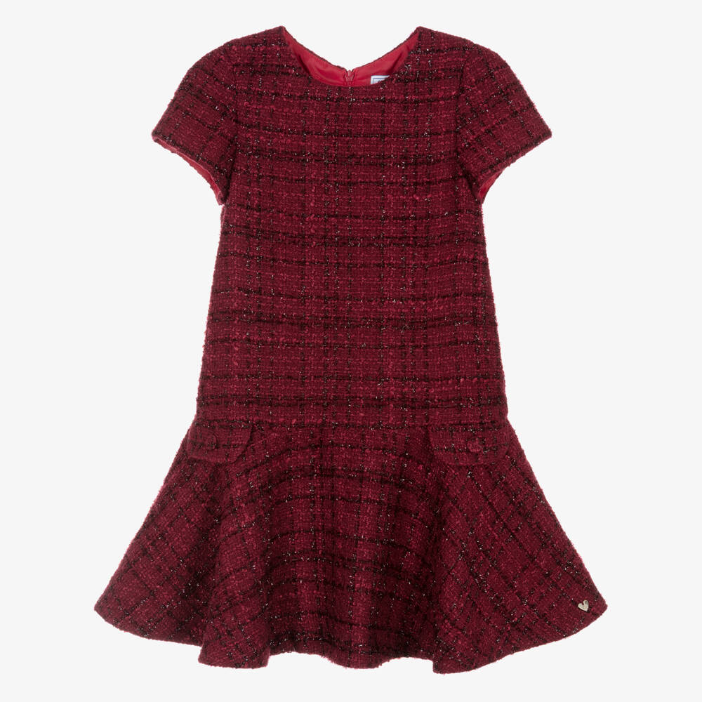Tartine et Chocolat-Girls Shimmery Red Check Tweed Dress | Childrensalon