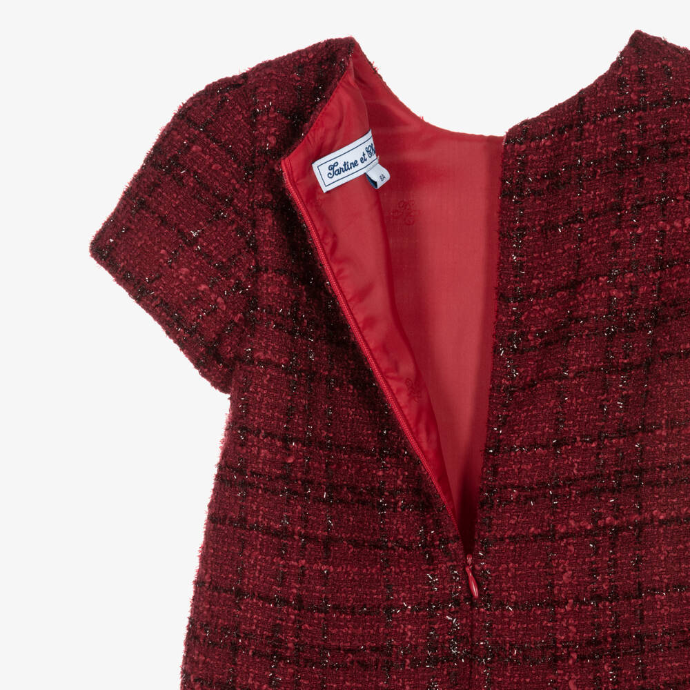 Tartine et Chocolat-Girls Shimmery Red Check Tweed Dress | Childrensalon