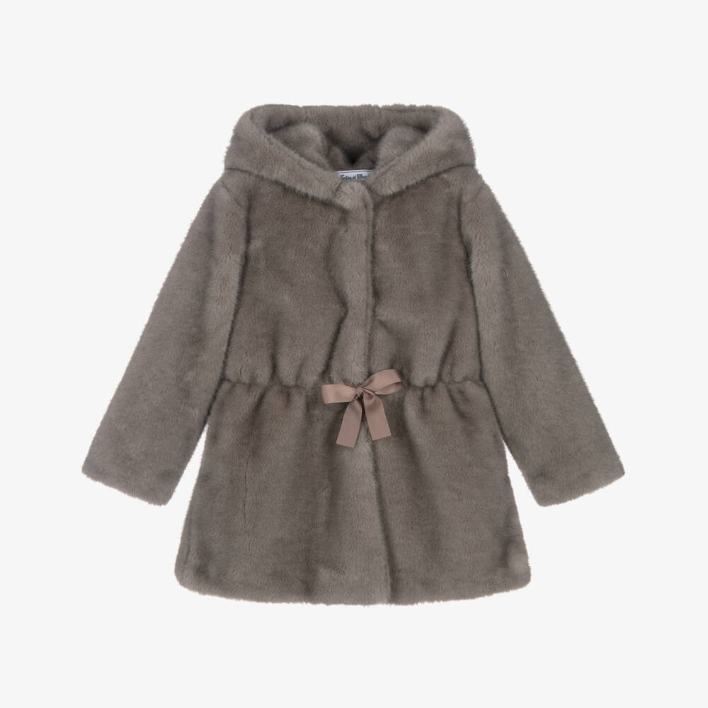 Tartine et Chocolat-Girls Taupe Hooded Faux Fur Coat with Grosgrain Tie | Childrensalon