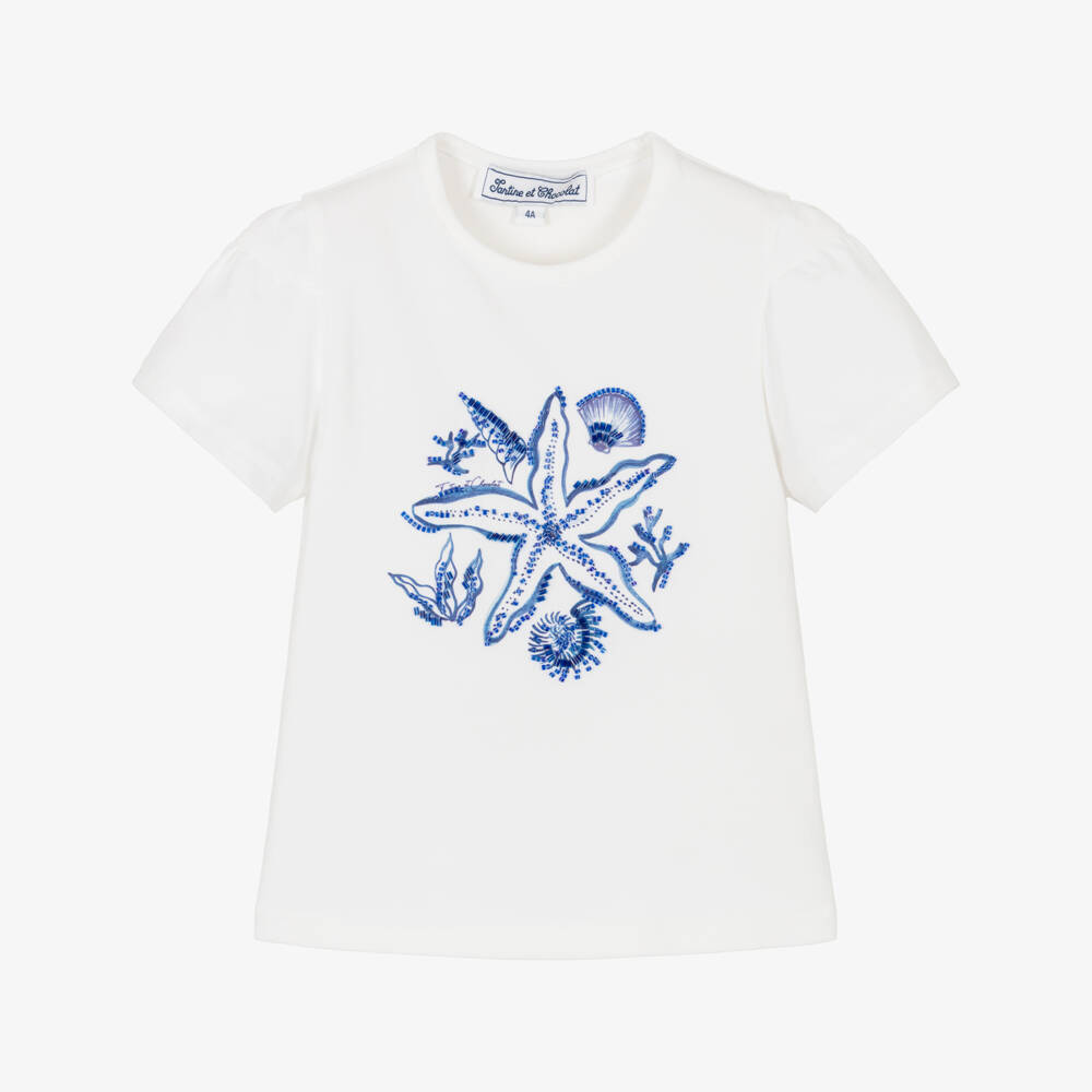 Tartine et Chocolat-Girls White & Blue Cotton Beaded Starfish T-Shirt | Childrensalon