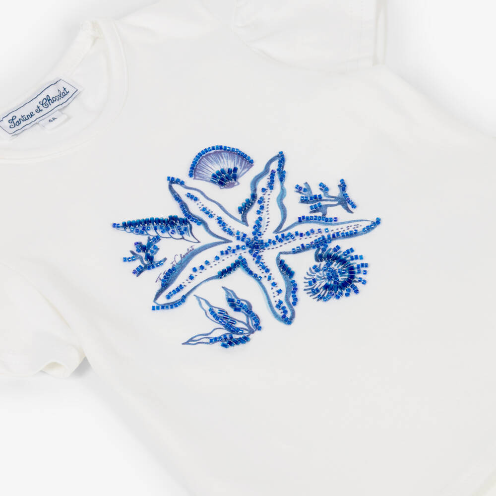 Tartine et Chocolat-Футболка бело-синяя из хлопка с морской звездой из бисера для девочек | Childrensalon