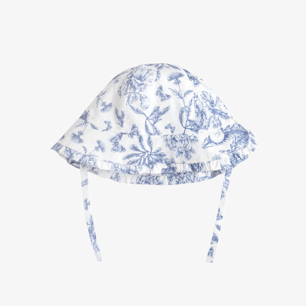 Tartine et Chocolat-Girls White & Blue Toile De Jouy Hat | Childrensalon