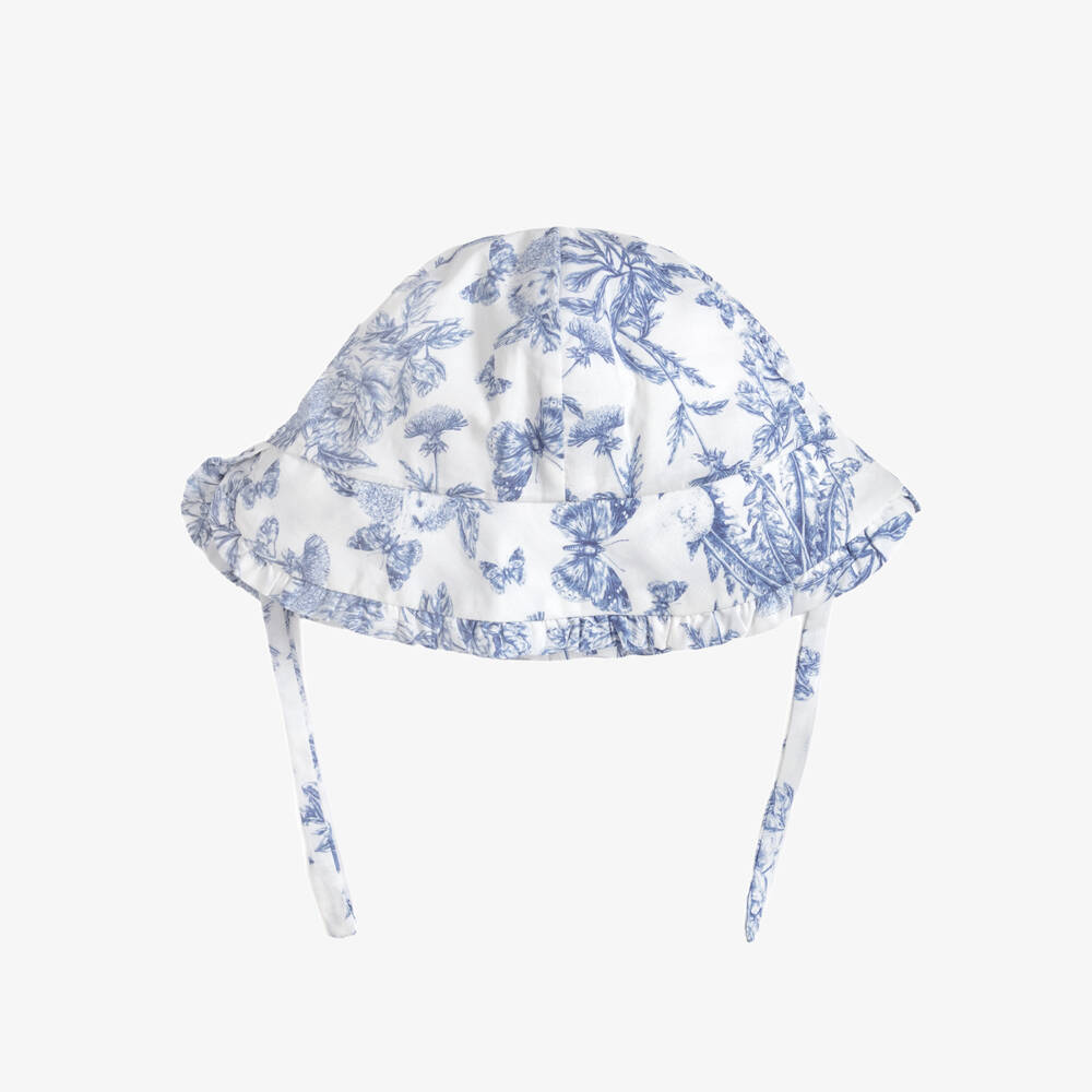 Tartine et Chocolat-Girls White & Blue Toile De Jouy Hat | Childrensalon