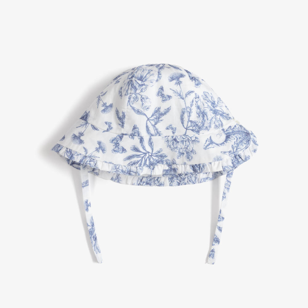 Tartine et Chocolat-Girls White & Blue Toile De Jouy Hat | Childrensalon