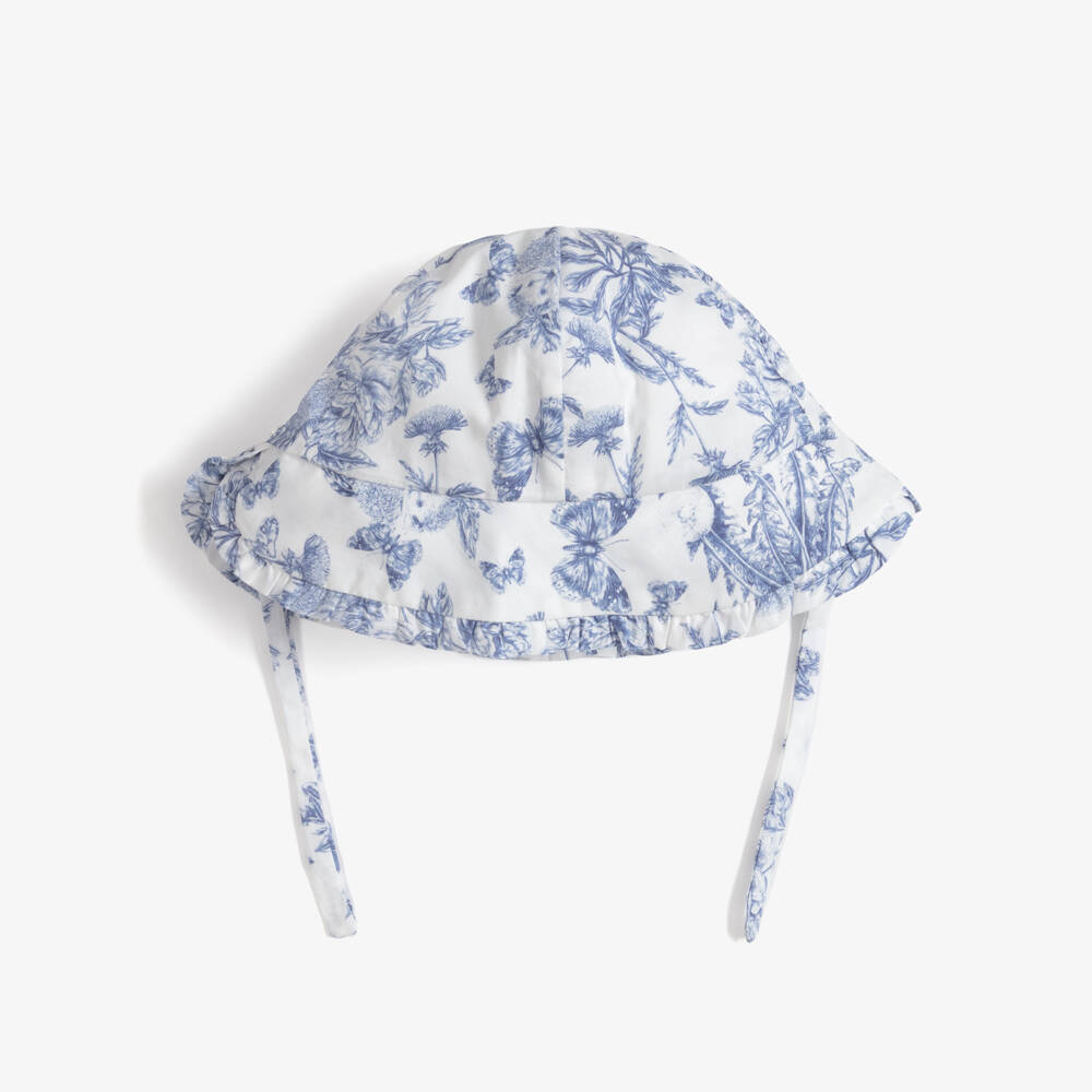 Tartine et Chocolat-Girls White & Blue Toile De Jouy Hat | Childrensalon