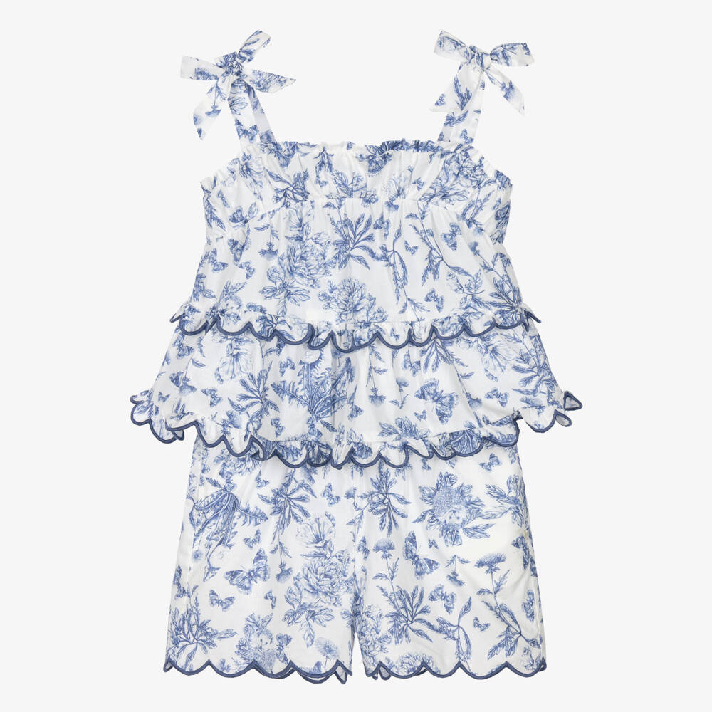 Tartine et Chocolat-Girls White & Blue Toile De Jouy Shorts Set | Childrensalon