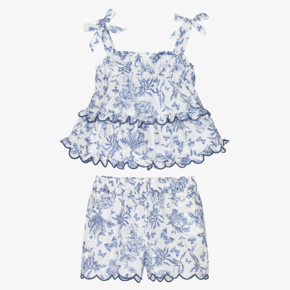 Tartine et Chocolat-Girls White & Blue Toile De Jouy Shorts Set | Childrensalon