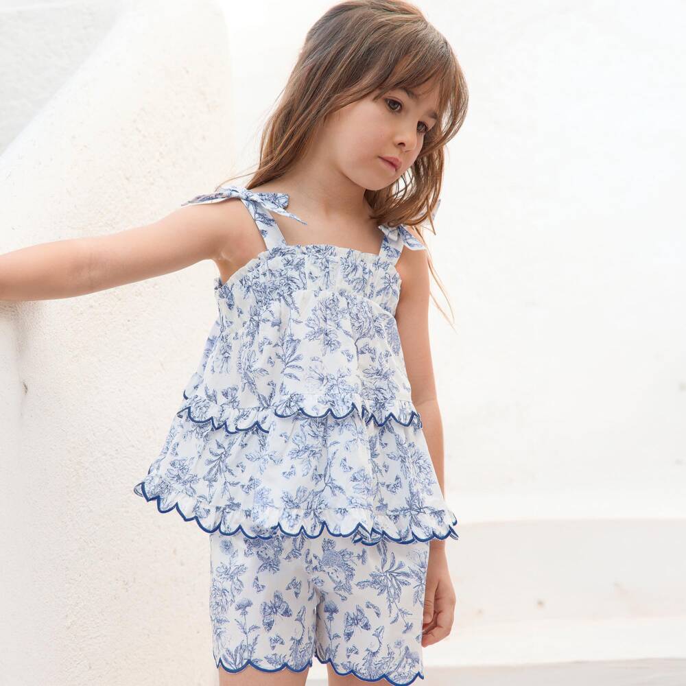 Tartine et Chocolat-Girls White & Blue Toile De Jouy Shorts Set | Childrensalon