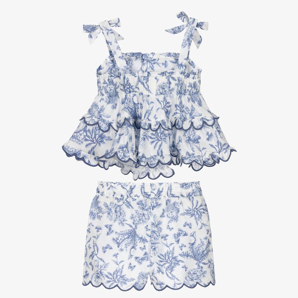 Tartine et Chocolat-Girls White & Blue Toile De Jouy Shorts Set | Childrensalon