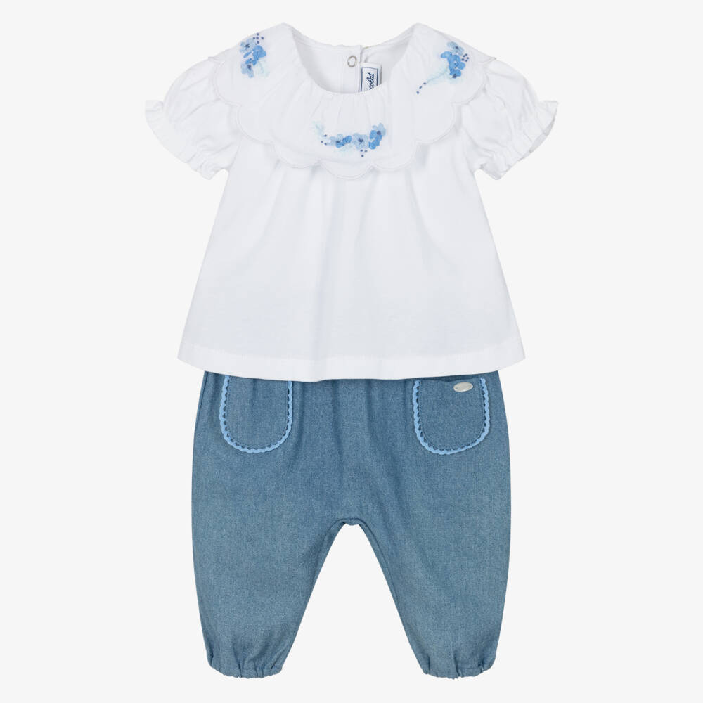 Tartine et Chocolat-Girls White & Blue Trouser Set with Hand-Embroidered Flowers | Childrensalon