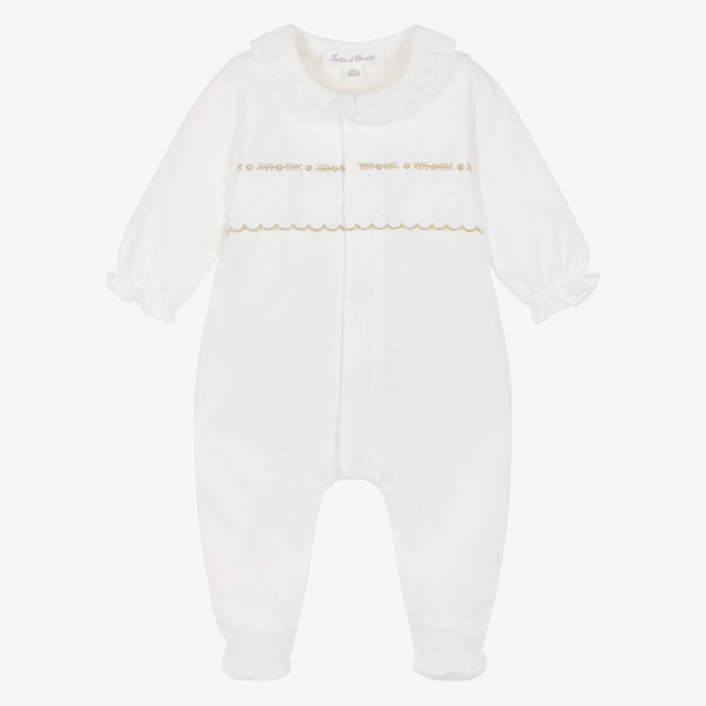 Tartine et Chocolat-Girls White Cotton Babygrow with Gold Embroidery | Childrensalon