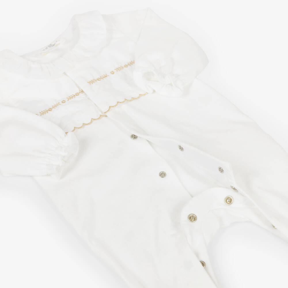 Tartine et Chocolat-Girls White Cotton Babygrow with Gold Embroidery | Childrensalon