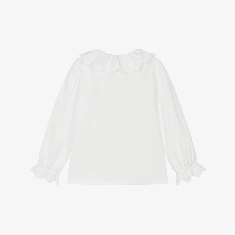 Tartine et Chocolat-Girls White Cotton Blouse with Embroidered Ruffle Collar | Childrensalon