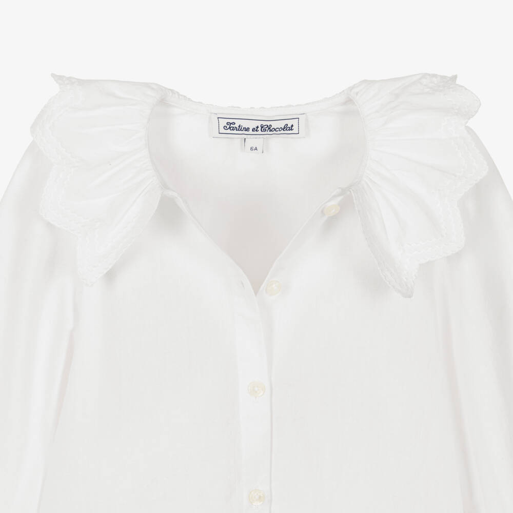 Tartine et Chocolat-Girls White Cotton Blouse with Embroidered Ruffle Collar | Childrensalon