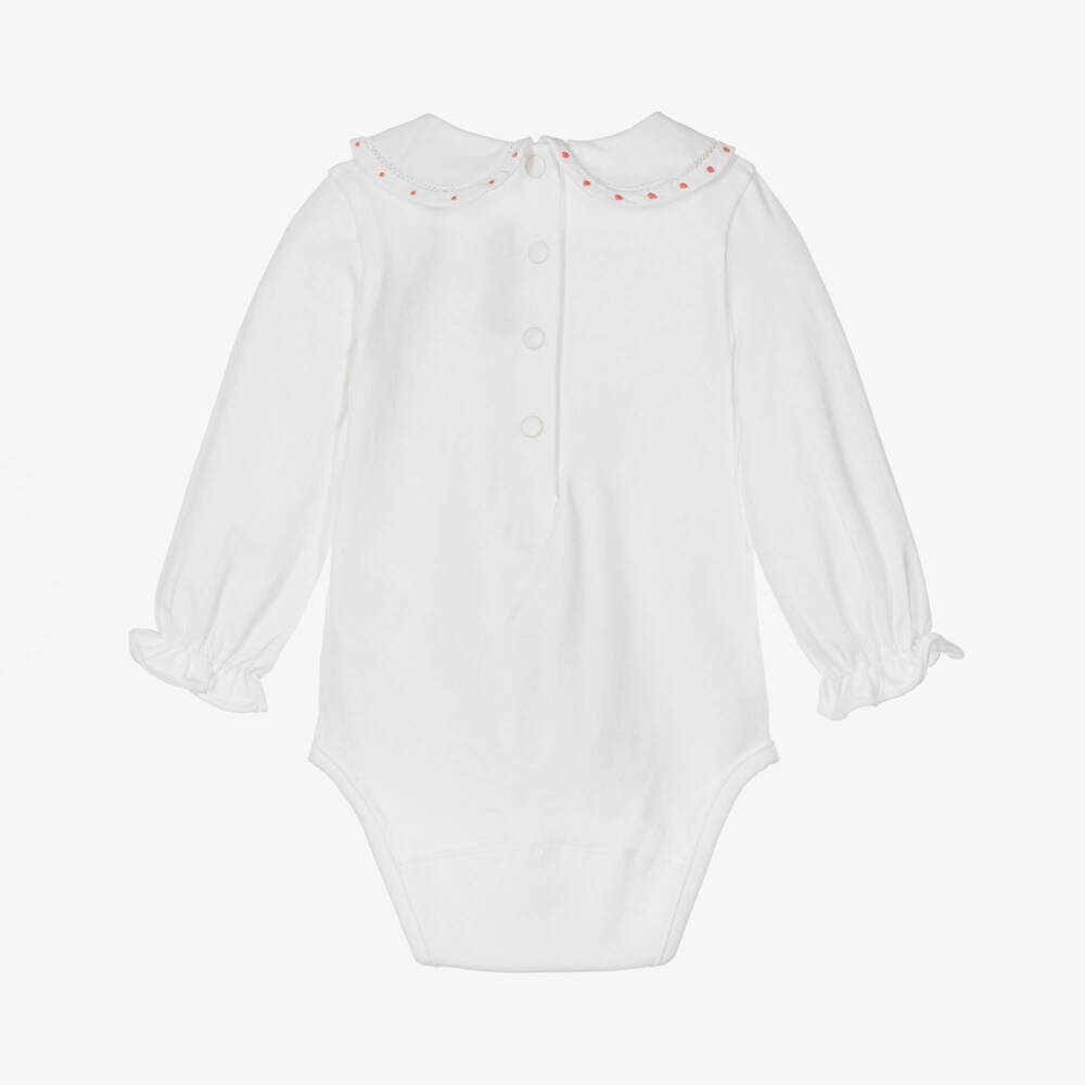 Tartine et Chocolat-Girls White Cotton Bodysuit with Hand-Embroidered Collar | Childrensalon