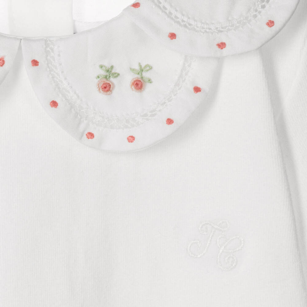 Tartine et Chocolat-Girls White Cotton Bodysuit with Hand-Embroidered Collar | Childrensalon