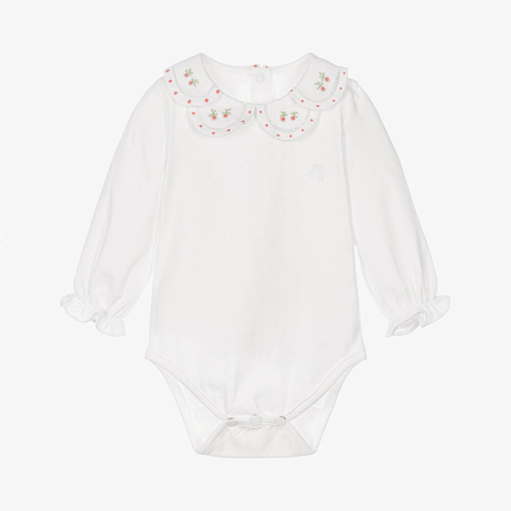 Tartine et Chocolat-Girls White Cotton Bodysuit with Hand-Embroidered Collar | Childrensalon