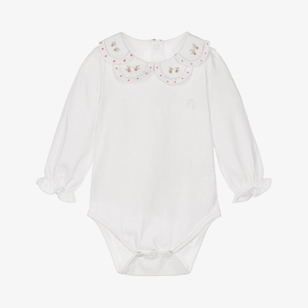 Tartine et Chocolat-Girls White Cotton Bodysuit with Hand-Embroidered Collar | Childrensalon
