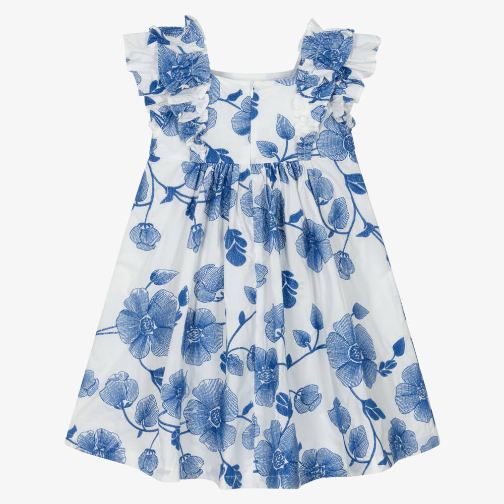 Tartine et Chocolat-Girls White Cotton Dress with Blue Floral Embroidery | Childrensalon