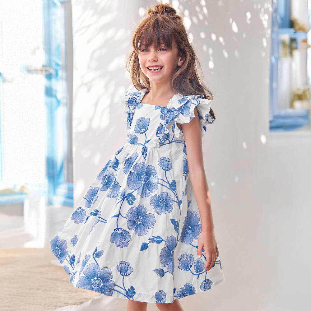 Tartine et Chocolat-Girls White Cotton Dress with Blue Floral Embroidery | Childrensalon