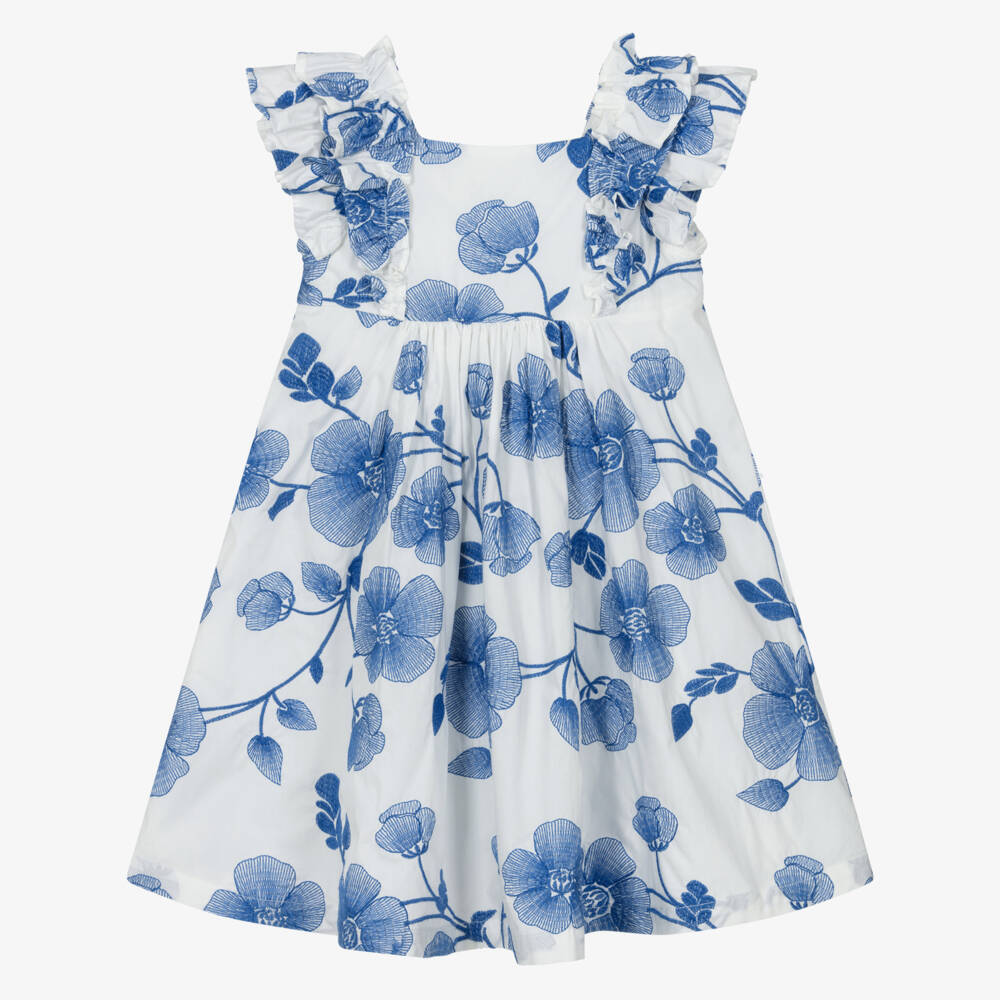 Tartine et Chocolat-Girls White Cotton Dress with Blue Floral Embroidery | Childrensalon