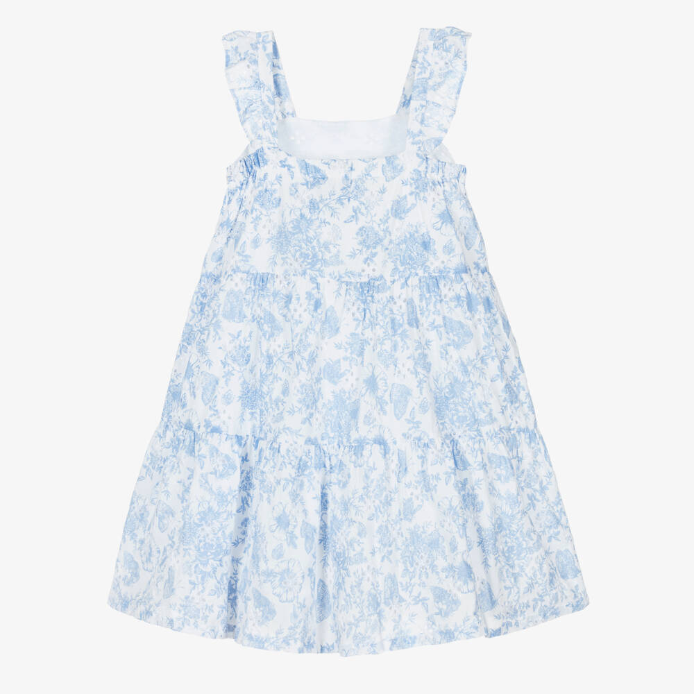 Tartine et Chocolat-Girls White Cotton Dress with Blue Floral Print | Childrensalon