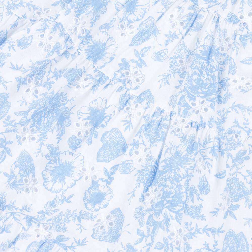 Tartine et Chocolat-Girls White Cotton Dress with Blue Floral Print | Childrensalon