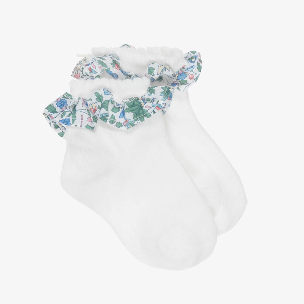 Tartine et Chocolat-Girls White Cotton Floral Ruffle Socks | Childrensalon