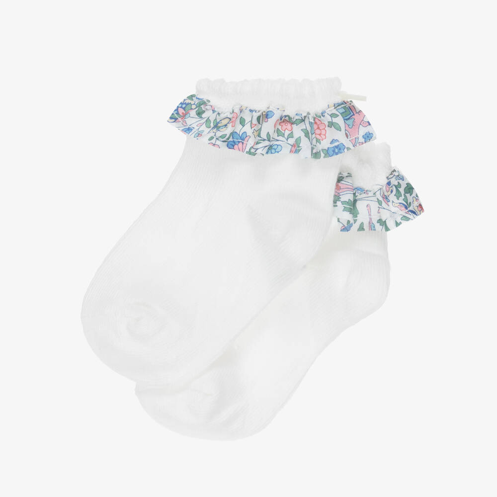 Tartine et Chocolat-Girls White Cotton Floral Ruffle Socks | Childrensalon