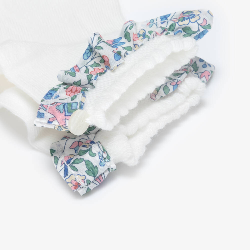 Tartine et Chocolat-Girls White Cotton Floral Ruffle Socks | Childrensalon